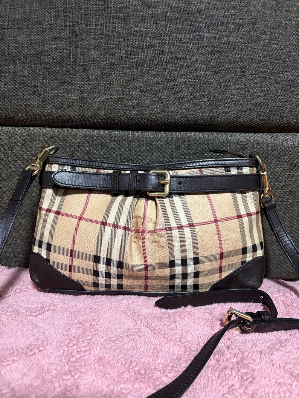 Burberry Beige Check Canvas Crossbody with Dark Brown Leather Trim